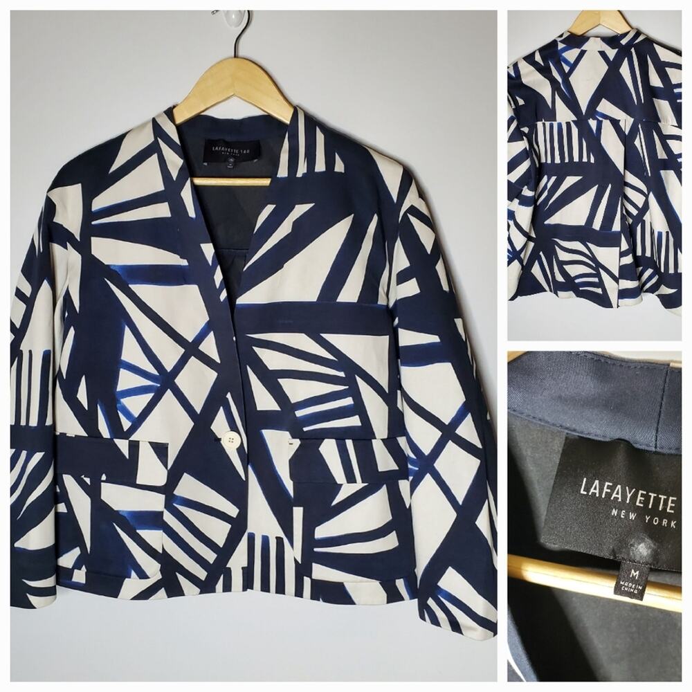 Lafayette off white and blue abstract geometric cropped casual blazer Size Med